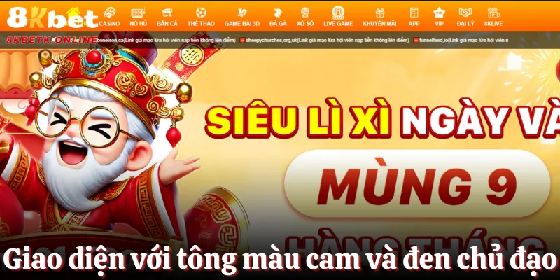 Giao diện 8KBET đơn giản với tông màu cam và đen chủ đạo